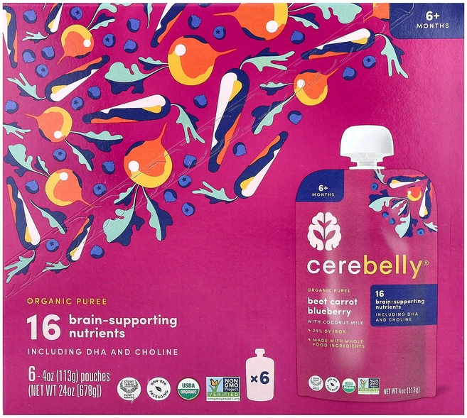 Cerebelly 유기농 퓨레 6개월 이상 비트 당근 블루베리 함유 코코넛 밀크 파우치 6개 각 113g(4oz) Cerebelly (세레벨리), Cerebelly, 유기농 퓨레, 6개월 이상, 비트, - 쿠팡