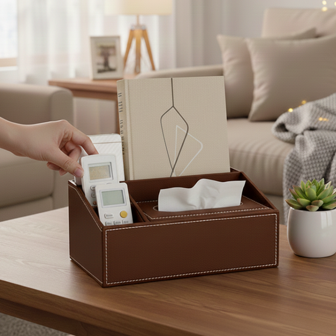 온더코너 프리미엄 거실 리모컨 티슈 보관함, 브라운, 1개