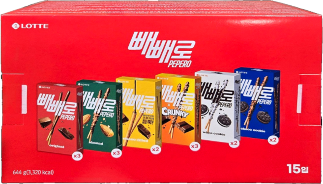 롯데웰푸드 오리지날 빼빼로 54g x 3p + 아몬드 빼빼로 37g x 3p + 초코필드 빼빼로 53g x 2p + 크런키 빼빼로 39g x 2p + 화이트쿠키 빼빼로 37g +, 1세트, 644g