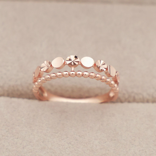 14k 18k 로즈골드 볼룸 두줄 반지 컷팅 모녀 우정 트윈 행운 패션 심플 데일리 선물 레이어드(R289)체리스