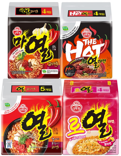 오뚜기 열라면 5입+마열라면 120g 4입+더핫열라면 120g 4입+로열라면 120g 4입, 4팩