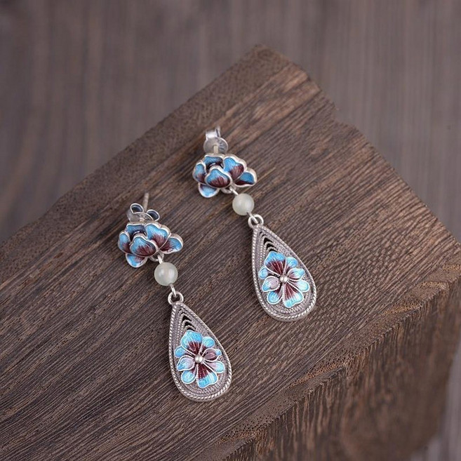 옥 귀걸이 전통 소수 칠보 에나멜 우아한 여성의 실버 쥬얼리 붉은 스타일 남쪽 모란 디자인