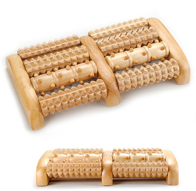 晨豐商行 精選實木四排弧度腳底按摩器 台灣櫸木雙重滾輪設計 底部防滑耐用, 原木色, 1個
