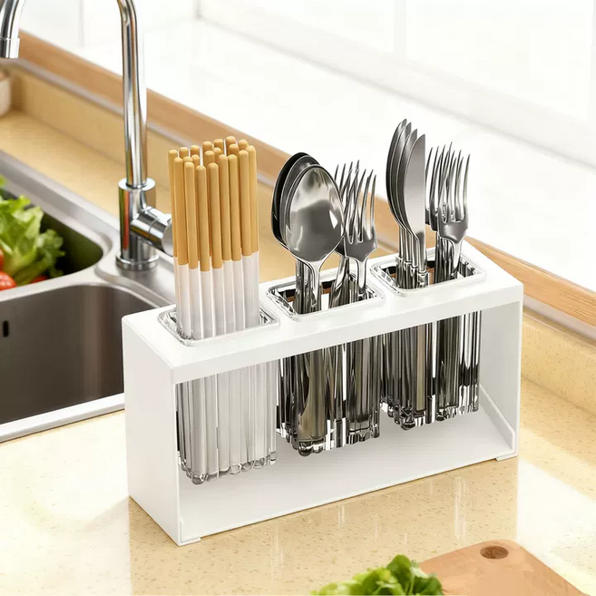 KEMEI 수저통 물빠짐 주방 수납 선반 세트 대용량 스텐 주방용품 정리함, 1개, 흰색