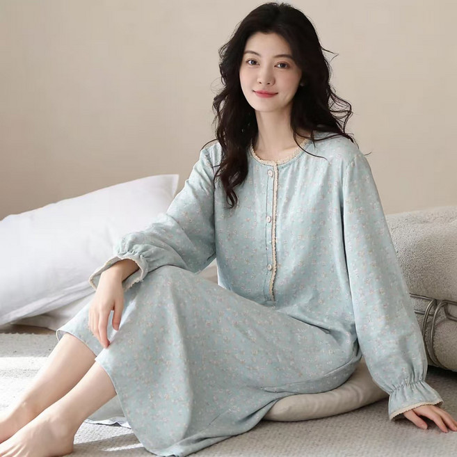 Soyoonlife 여성 긴팔 면파자마 소프트 롱스커트 파자마 여성용 루즈핏 홈웨어 원피스 봄여름 잠옷