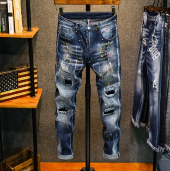 남자 꾸안꾸 스판 데미지 핸드 페인팅 청바지