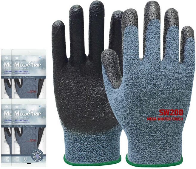 메가그립 SW-200 터치 겨울용 NBR코팅 작업용 니트릴폼 겨울장갑 기모 코팅 등산 낚시 자전거 반코팅, 메가그립 윈터 터치 New SW-200 M, 5개