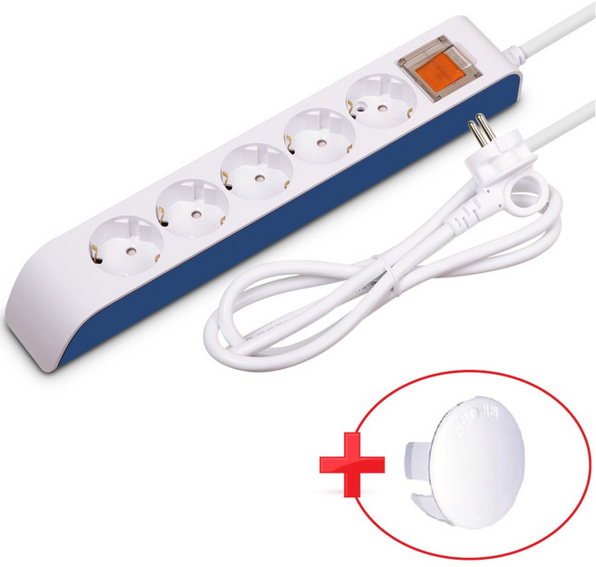 현대 하이탭 일반 접지 5구 멀티탭 과부하차단 안전커버 증정, 1개, 화이트, 1.5m