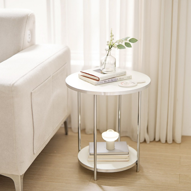 국내생산!! 아르떼 소파 거실 침대 사이드테이블 침대협탁 원형/타원형 (6컬러), 1. 원형-크롬화이트