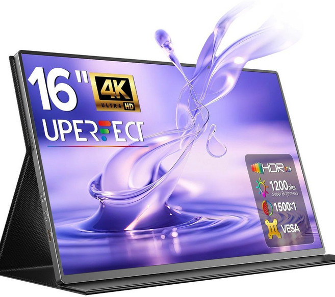 UPERFECT 4K 휴대용 모니터 16인치 3840x2400 IPS 노트북 확장형 화면 1200니트 USB-C HDMI 컴퓨터 PC 게임 디스플레이 스피커 및 스마트 커버 포함, UK 플러그