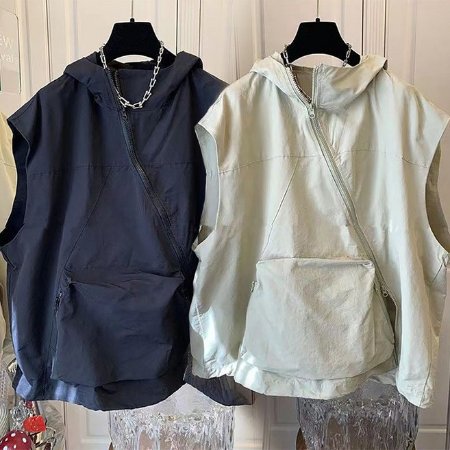 남녀공용 빅사이즈 캐주얼 후드 베스트 조끼 데일리 봄 여름 간절기 민소매 자켓 외투 방풍