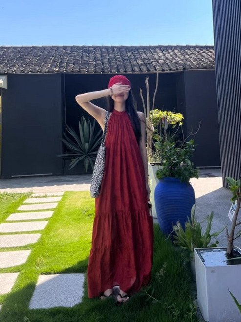 新中式復古國風提花紅色掛脖連衣裙女夏季海邊度假氣質大擺長裙, 紅色,xl