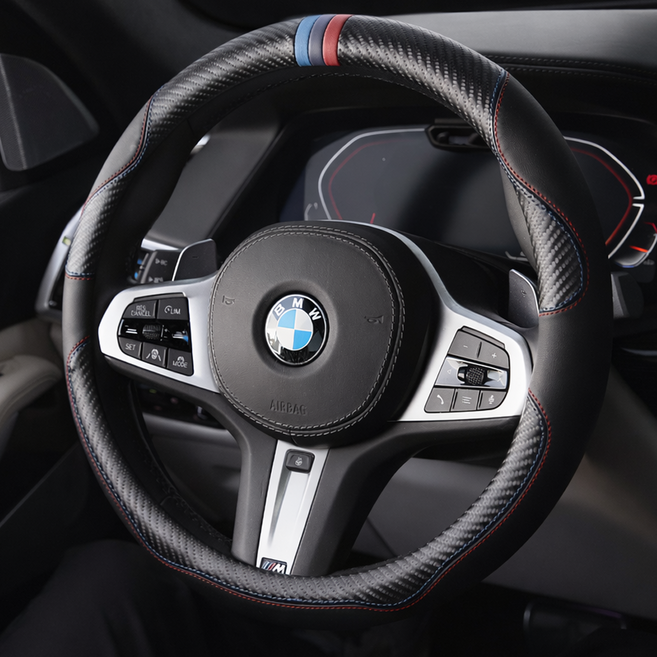 MAA 몬스터 M 자동차 핸들커버 가죽 BMW 전용 카본 패턴 D컷 논슬립 스티어링휠 커버 얇은 그립 퍼포먼스 튜닝 3 5시리즈 7시리즈 i시리즈 호환 차량용 인테리어 드레스업, 블랙