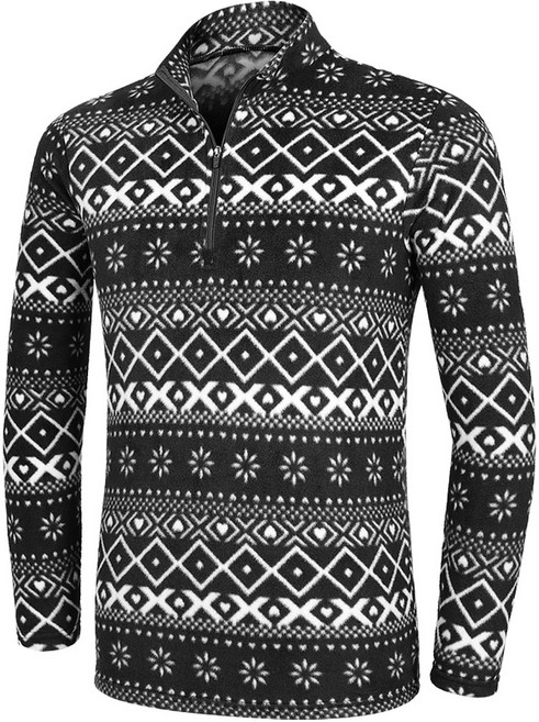 [이지바이] 남성 기모 플리스 집업 티셔츠_스노우히트 노르딕 눈꽃 패턴 후리스 반집업 티셔츠