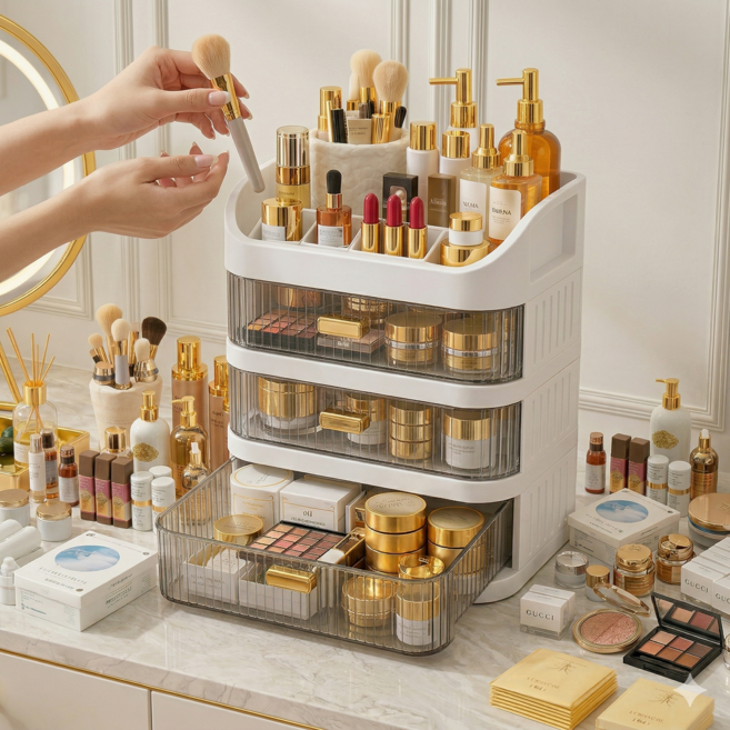 베이직앤드 4단 특대형 화장품 정리함, 화이트, 1개