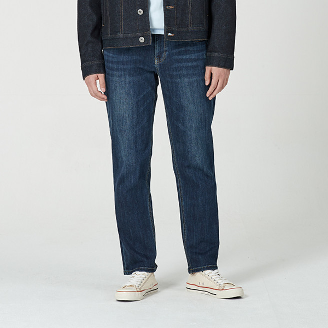 [잠뱅이] 남성 오비안밴드 포켓 자수 캣워싱 루즈 테이퍼드 데님 팬츠 다크블루