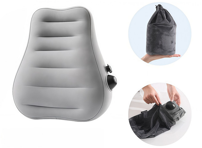 POMTOR 휴대용 공기 주입 허리 쿠션 비행기 여행 차량용 허리받침 장시간 좌석 등받침 베개, 그레이