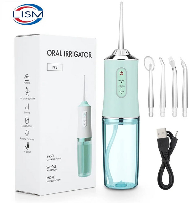 무선칫솔살균기 칫솔살균건조기 휴대용 치과용 워터 제트 치실 구강 세정기 USB 충전식 4 가지 팁 220ml 3 모드 IPX7 1400rpm, 3.Green