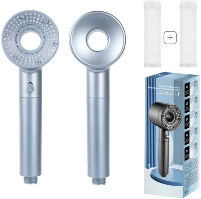 브이럽스 수압상승 5단 온오프 필터 샤워기 헤드, 스카이블루 (필터기 1+1), 1개