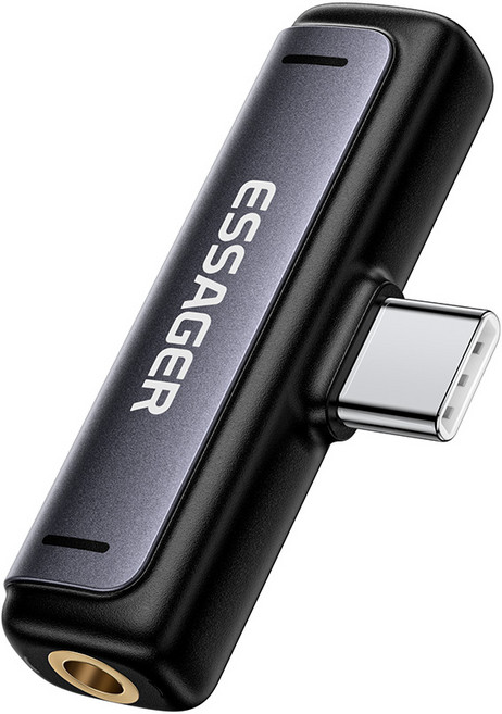 Essager L자형/90도 PD 60W C타입 마이크 이어폰 고속 충전 듀얼 젠더 3.5mm/C타입 연결 잭, 1개, 다크 그레이, 3.5mm