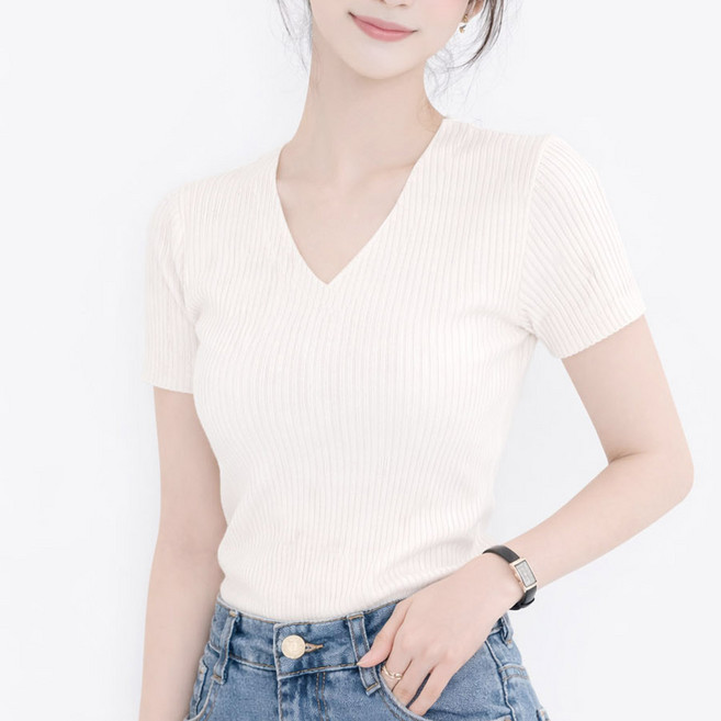 후쿠호 1+1 여성용 베이직 브이넥 반팔 니트 슬림핏 데일리 상의