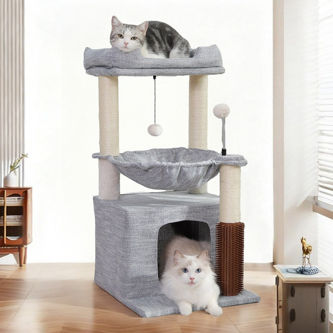 SUNRUI 소형 해먹 캣타워 3단 고양이 숨숨집 스크래쳐 캣타워 침대형 미니 고양이집, 1개, 그레이