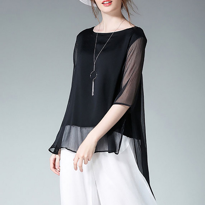 지고다그 여성 여름 라운드넥 불규칙 밑단 쉬폰 탑 반팔 캐주얼 스타일 여유핏 블라우스 LJM1411