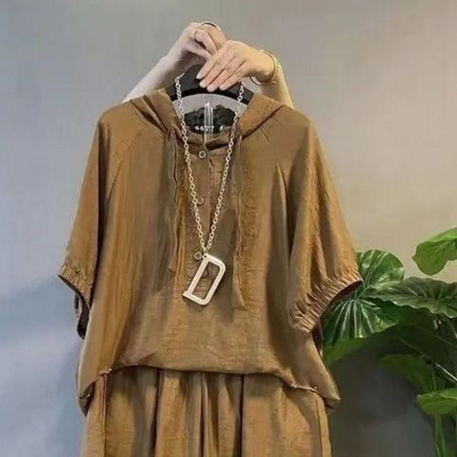 大碼女裝 連帽短袖上衣顯瘦短褲兩件套