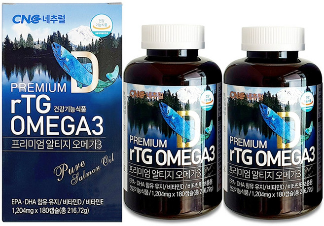 CNC네추럴 프리미엄 알티지 오메가3 X 2개 (rTG OMEGA3) EPA/DHA 1000mg+비타민D+비타민E, 2박스, 180정