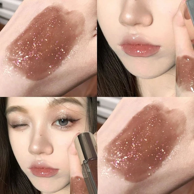 밤색 반짝이 립글로스 글리터 미러 틴트 크리스탈 플럼퍼 오일 다이아몬드 반짝이는 젤리 보습 베리 핑크, Chilled cocoa - 쿠팡