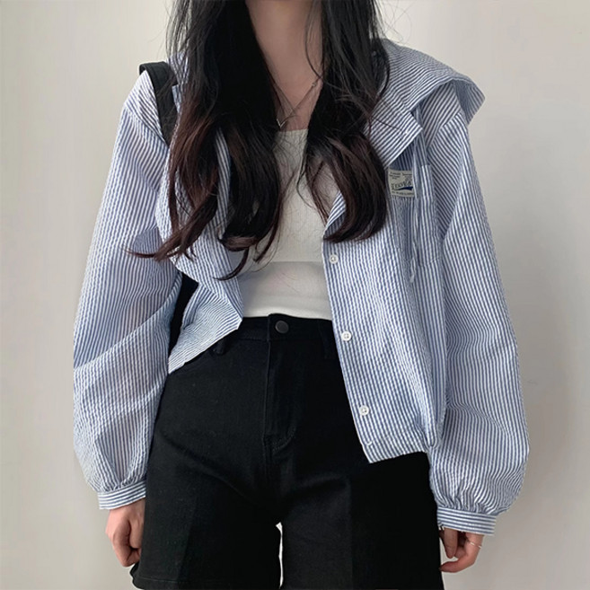 제이로그 스트라이프 후드 셔츠 남방 블라우스 시어트후드NB