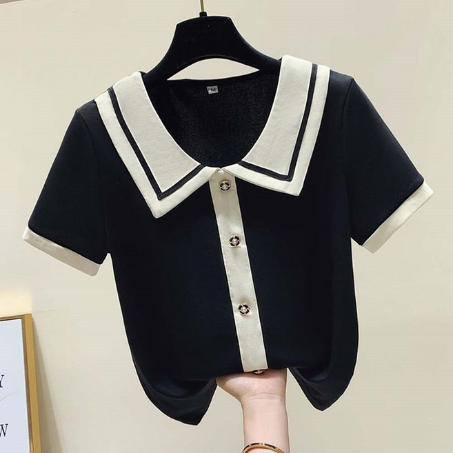 TKX 여성 반팔 니트 블라우스 카라넥 진주 단추 배색 포인트 심플 오피스 캐주얼 데일리 상의