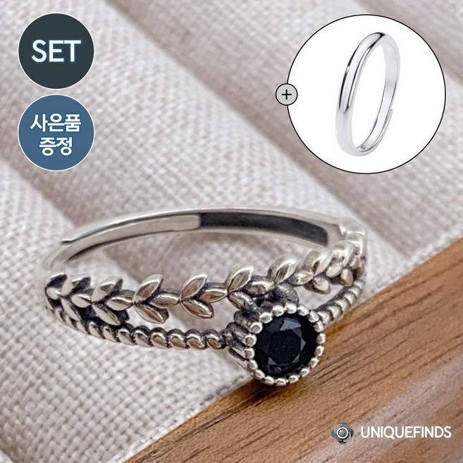 UniqueFinds 오닉스 크라운 블랙 실버 925 엔틱 은반지 레이어드 2종 오픈링