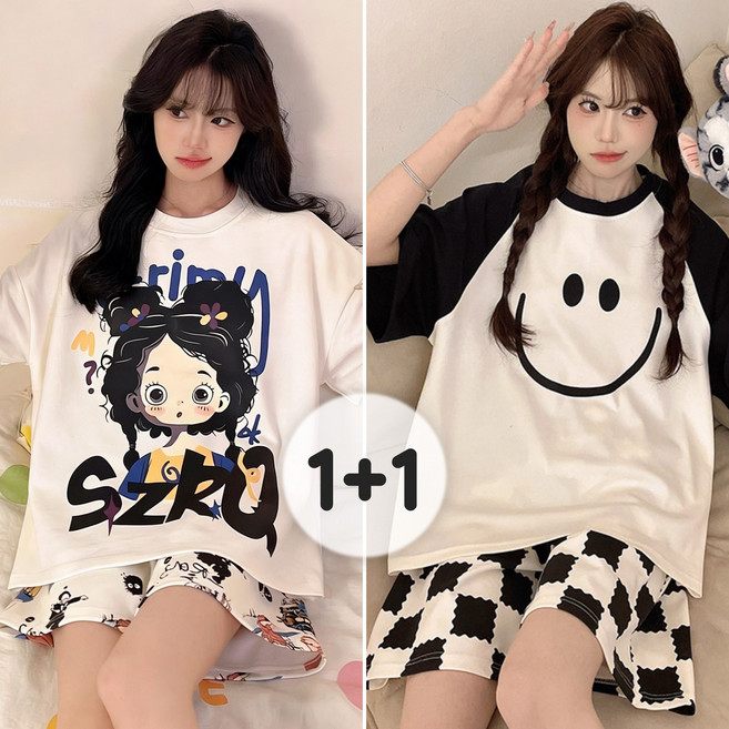 Flyaiku 1+1 여자 잠옷세트 큐트 캐릭터 반팔 반바지 여름 홈웨어 상하세트