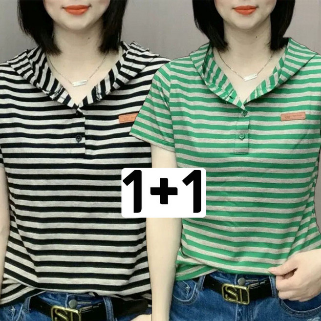 JUSTFEELING 1+1 루즈핏 문예 후드 반팔 티셔츠 데일리 중년여성 여름티 캐주얼 빅사이즈 편한 체크 반팔티 엄마옷 박시티 M-4XL