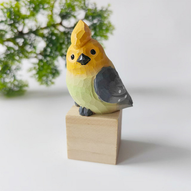 手工實木雕刻鸚鵡擺件, 黃綠嬌鳳鳥 無木方
