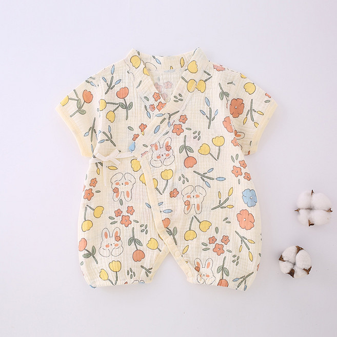 DIU 純棉紗布無骨哈衣春夏季嬰兒連體衣薄款繫帶寶寶和尚服短袖爬服
