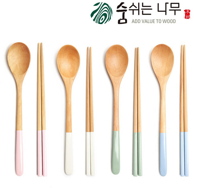 숨쉬는나무 자체제작 천연오일 내추럴 솜사탕 나무수저 4인세트, 핑크+크림+그린+블루, 1세트, 솜사탕 수저 4세트