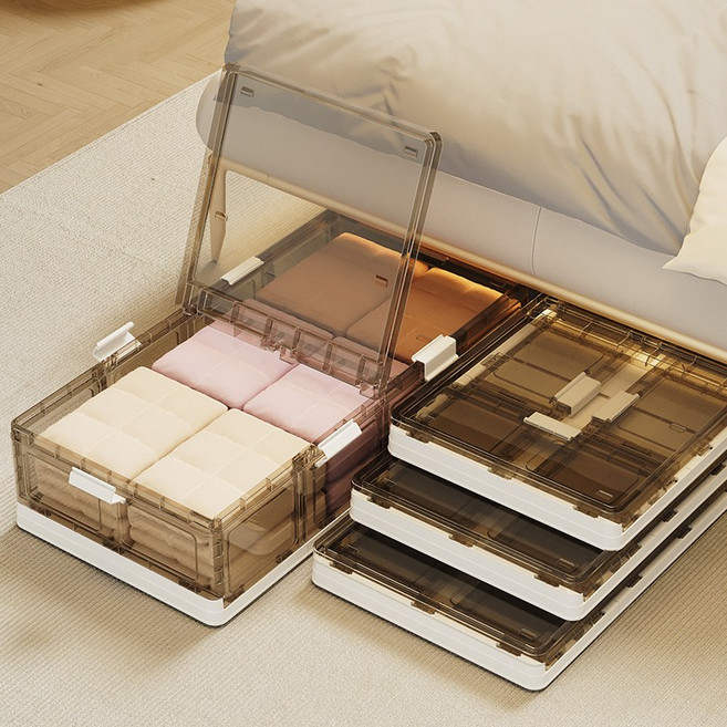 모노크롬 트레인 언더베드 리빙박스 낮은형 접이식 대용량 침대 밑 수납박스 이동비귀 투명, 투명 브라운, 1개