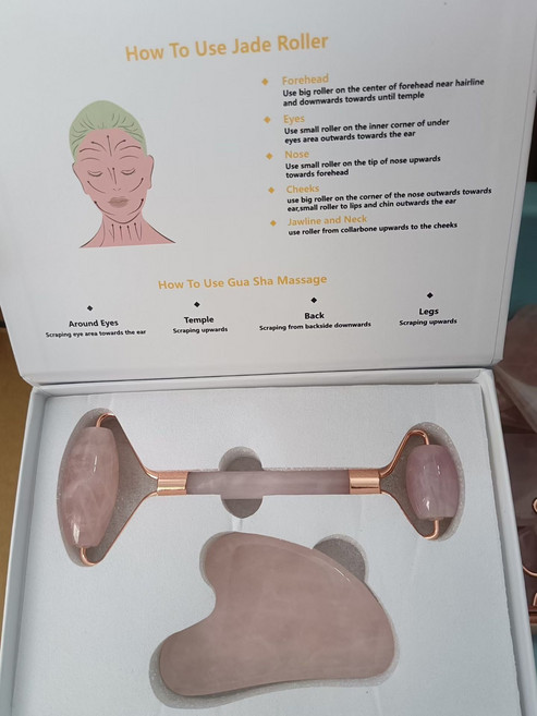 粉水晶玉石滾輪按摩器 玫瑰金色邊框, 1個, 如圖所示