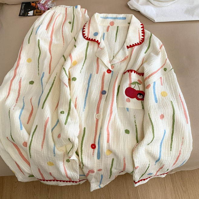 雙層棉紗睡衣女長袖套裝 純棉可愛印花家居服