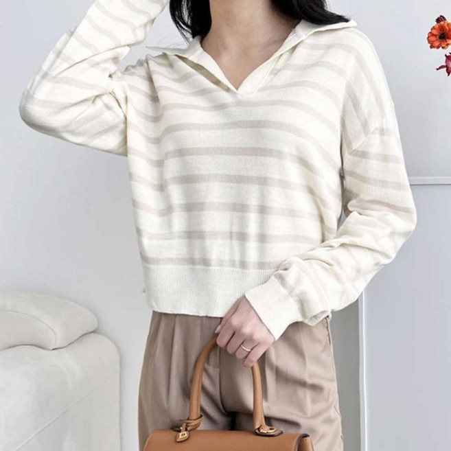 여성 봄 가을 데일리 브이넥 스트라이프 오픈카라 긴팔 니트 티셔츠