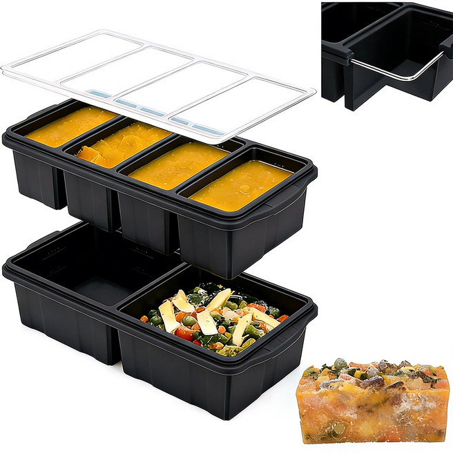 SMABAT 다용도 실리콘큐브 2P세트 냉동 소분용기 얼음틀 큐브 2구+ 4구 세트 2000ml 스틸 프레임 내장, 2개, 블랙