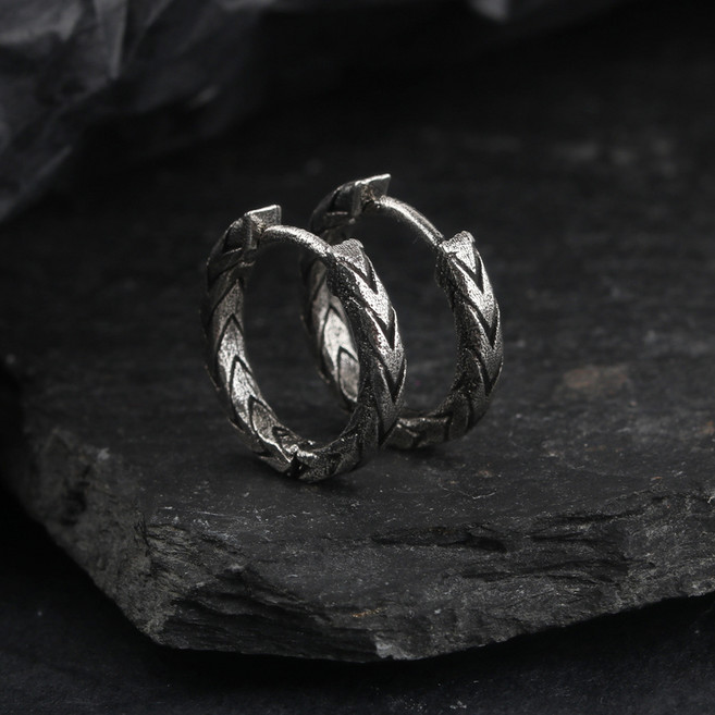 男性個性編織紋耳扣，復古銀色金屬圓形耳環一對