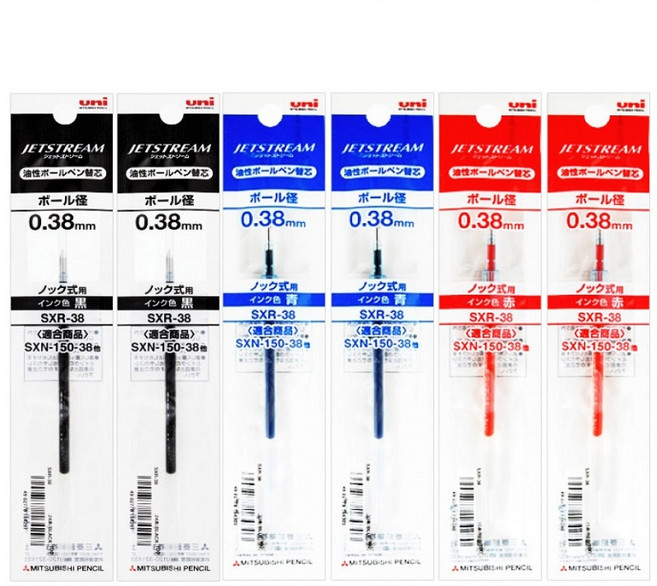 더주니 유니 제트스트림 단색 볼펜 리필 6개 0.38mm 리필심 SXR-38, 1개, 0.38 6개 세트 (블랙2+블루2+레드2)