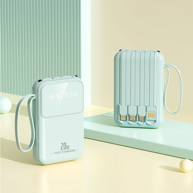PYHO PD 20W 고속 충전 일체형 미러 보조배터리 20000mAh 미니 보조배터리 4선 포함, 청록