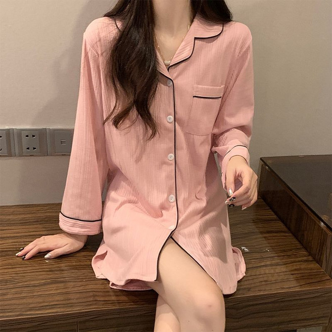 Skyciky 여성 봄가을 긴팔 셔츠 미니스커트 슬립 잠옷 원피스 홈웨어 패션 루즈 가을겨울AA3552