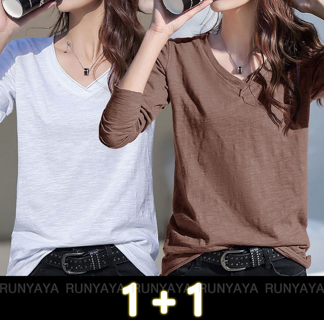1+1 긴팔티셔츠 중년 여성 긴팔 티 브이넥 봄 가을 캐주얼 상의 2P 이너웨어 슬라브 이너티셔츠 빅사이즈 면 티 D88U