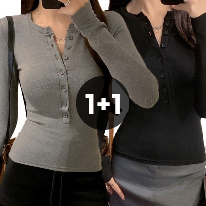 엘바리스 여성 버튼 슬림핏 라운드넥 쫀쫀 스판 긴팔 티셔츠 2종세트