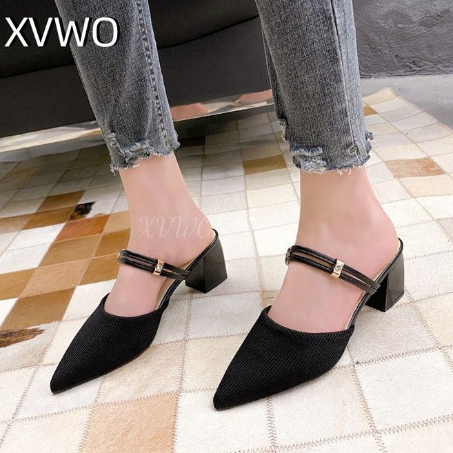 XVWO 여성 뾰족코 통굽 미들힐 샌들 뮬 스트랩 여름 데일리 구두